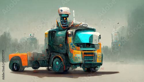 Autonomous truck driver or self driving trucks AI job automation impact on human labor, Conceptual illustration photo