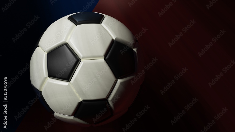 Naklejka premium White-black soccer ball on blue-red surface under spot lighting background. 3D illustration. 3D high quality rendering.