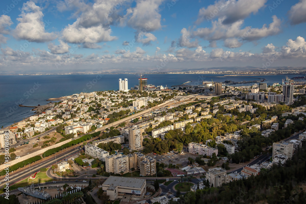 Aerial view of Haifa port and downtown from the Bahai Gardens viewpoint, Haifa, Israel