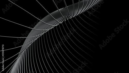 White Abstract Wavy Lines on black Background. 3D render. Abstract illustration, modern design. 