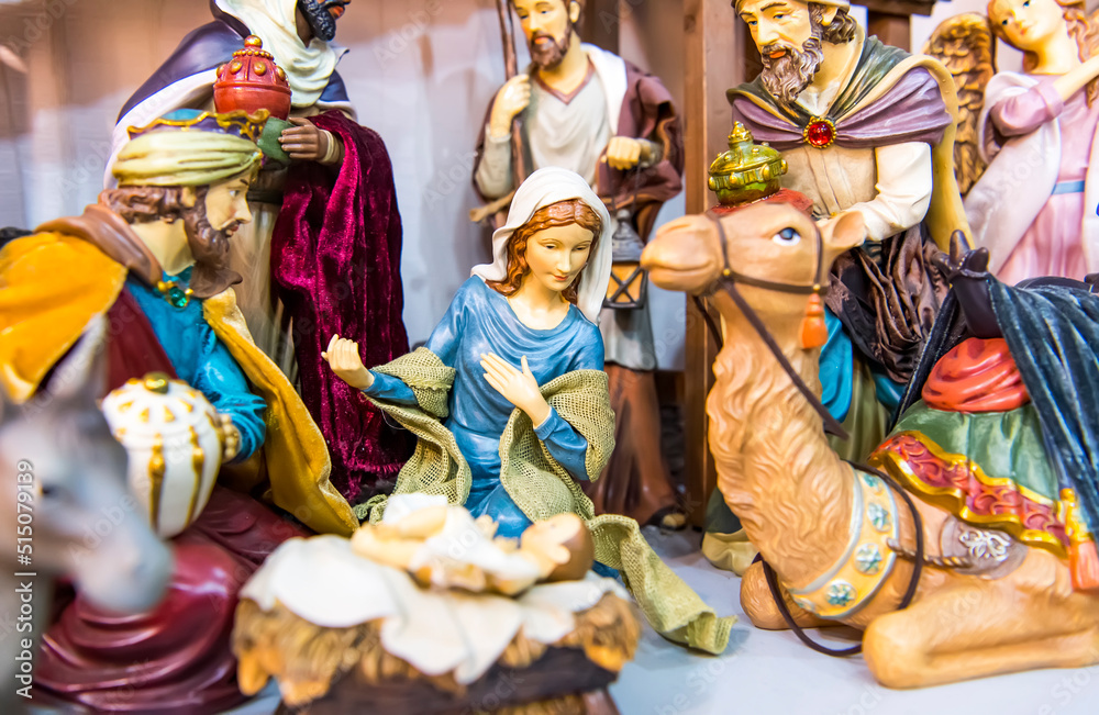 Nativity scene. Christmas. Christmas Manger scene with figurines newborn Jesus, Mary, Joseph, and magi