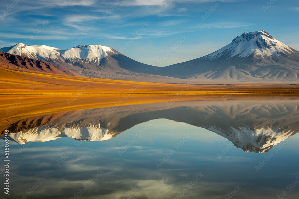 Lejia lake reflection at sunrise, near Atacama Volcanoes, Chile