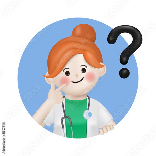 3d illustration cartoon cute doctor woman character with question mark symbol. 3d vector cartoon people design.
