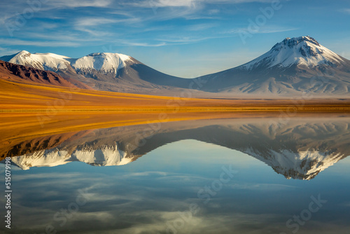 Lejia lake reflection at sunrise  near Atacama Volcanoes  Chile