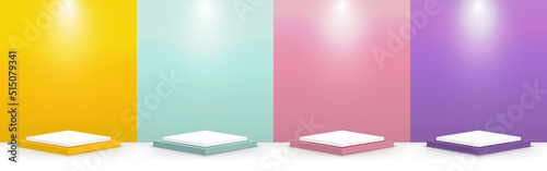 Set of Yellow, Green, Pink, Purple, scene background with square stage podium minimal style.