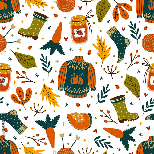 Autumn vibe seamless vector pattern. Seasonal symbols - knitted sweater, warm socks, pumpkin, rubber boots, jam, fall leaves. Flat cartoon elements on white background. Bright cozy holiday backdrop
