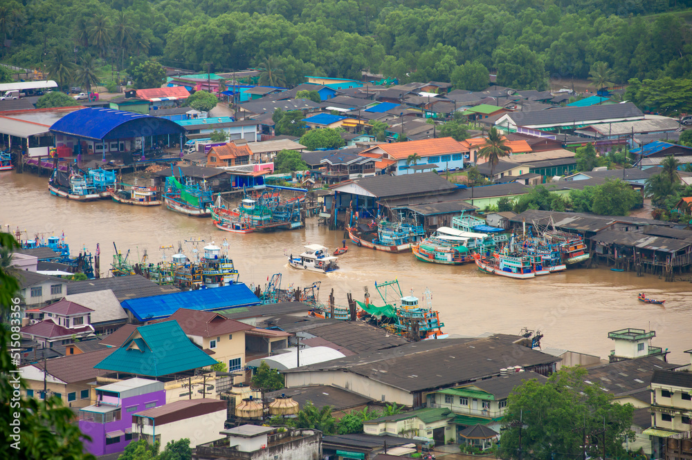 fishing boat group at Pak Nam Talay Community, Chumphon, Thailand during the rainy season