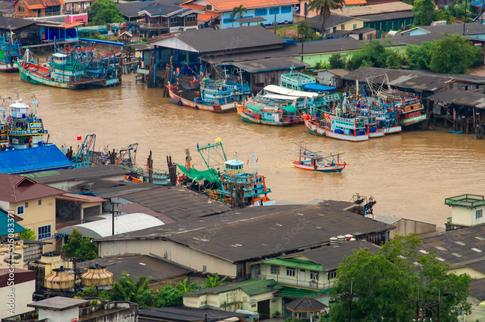 fishing boat group at Pak Nam Talay Community, Chumphon, Thailand during the rainy season