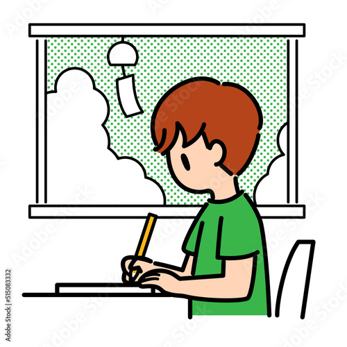 勉強をする男の子　入道雲