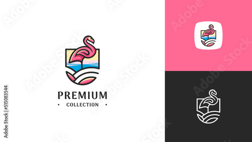 Premium luxury elegant flamingo on exotic beach logo design in vector