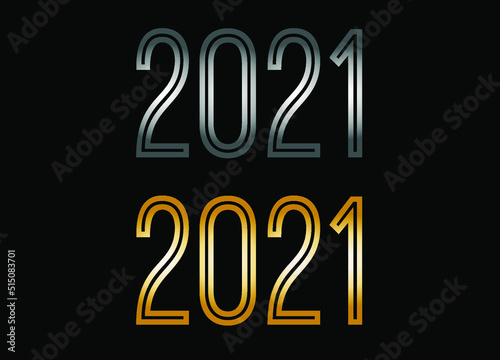 2021 year set. Year in silver metal and golden gold for anniversary date on black background.