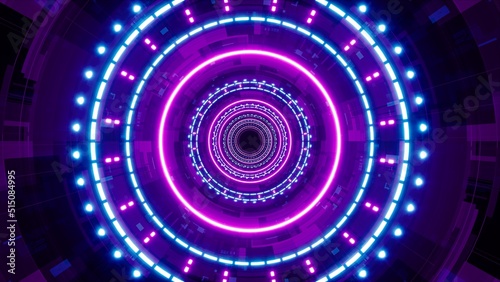 Purple light tunnel with blue dotted lamps