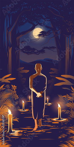 a Theravada monk is practicing meditation in movement method in the forest at night to get rid of the passion of fear in his mind