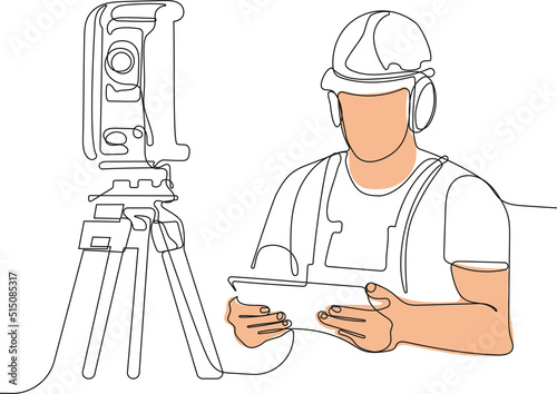 Close up of young Caucasian worker with helmet on head using tablet for work while standing in warehouse. Surveyor with a tripod icon. Geodesic tripod. Vector illustration