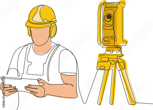 Close up of young Caucasian worker with helmet on head using tablet for work while standing in warehouse. Surveyor with a tripod icon. Geodesic tripod. Vector illustration