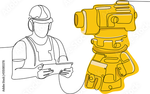 Close up of young Caucasian worker with helmet on head using tablet for work while standing in warehouse. Surveyor with a tripod icon. Geodesic tripod. Vector illustration