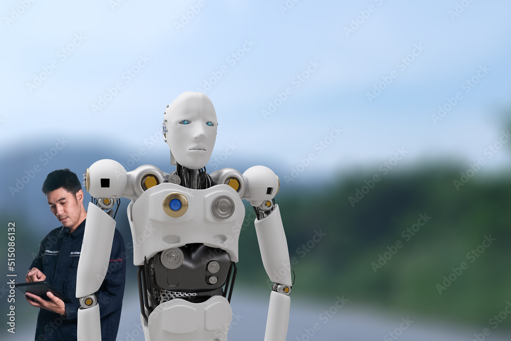 Obraz premium Asian man with Robot community metaverse for VR avatar reality game virtual reality of people blockchain connect technology investment, business lifestyle