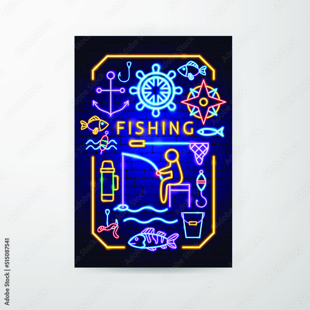 Fishing Neon Flyer. Vector Illustration of Fish Promotion. Fishing Neon Flyer. Vector Illustration of Fish Promotion.