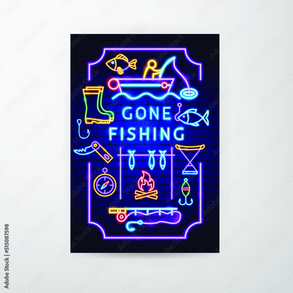 Gone Fishing Neon Flyer. Vector Illustration of Fish Promotion.