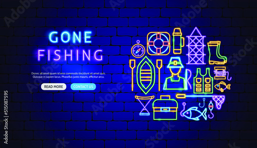 Gone Fishing Neon Banner Design. Vector Illustration of Fish Promotion.