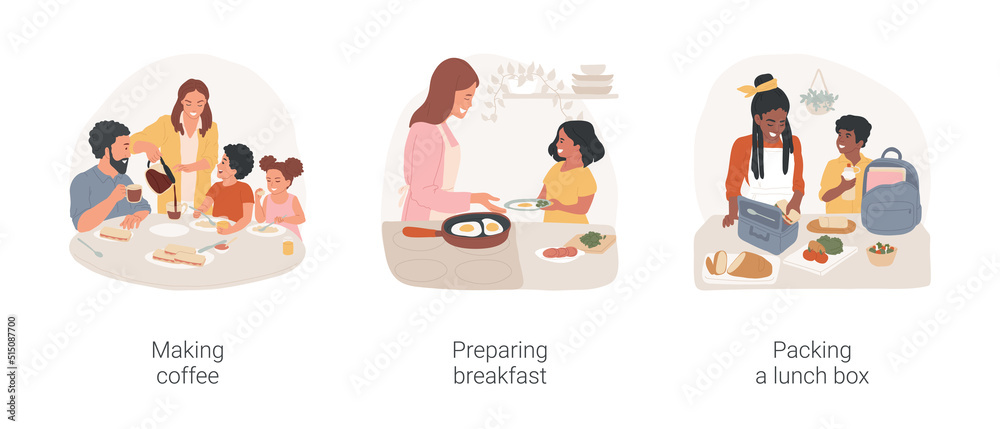 Morning rush isolated cartoon vector illustration set. Making coffee, family members at kitchen table, mom serving breakfast, daily routine, preparing meal, packing a lunch box vector cartoon.