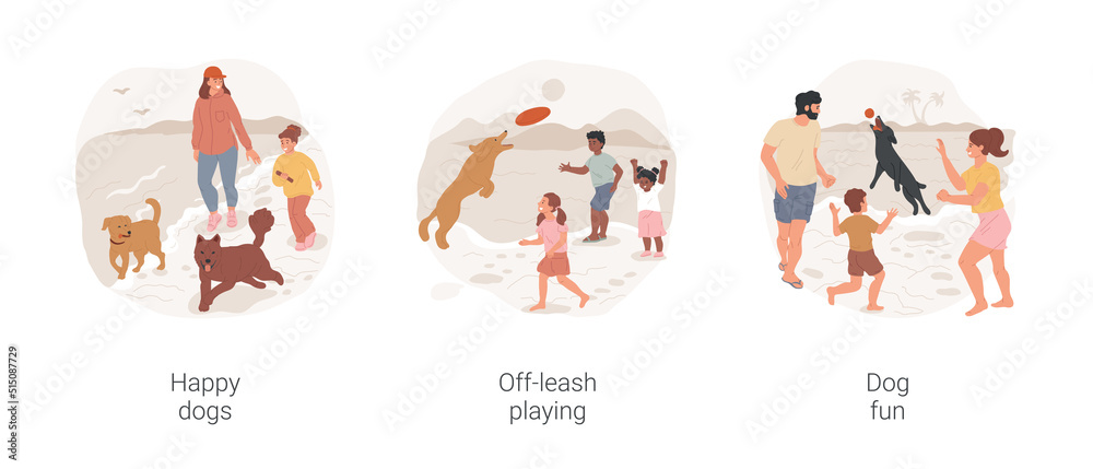 Fototapeta premium Dog beach fun isolated cartoon vector illustration set. Happy dogs running off leash, playing together, have fun, happy family walking with puppy along seashore, jumping in waves vector cartoon.