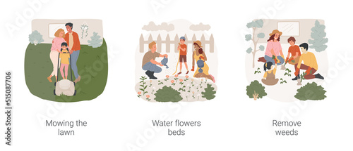 Seasonal outdoor works isolated cartoon vector illustration set. Mowing the lawn, water flowers beds outdoor, child holding a hose, remove weeds on backyard, family working outside vector cartoon.
