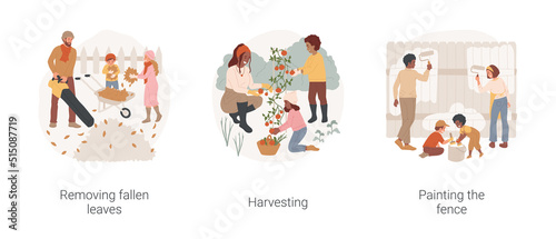 Seasonal work outdoors isolated cartoon vector illustration set. Removing fallen leaves, man use blower, family harvesting greens on backyard, children help to paint the fence vector cartoon.