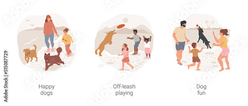 Dog beach fun isolated cartoon vector illustration set. Happy dogs running off leash, playing together, have fun, happy family walking with puppy along seashore, jumping in waves vector cartoon.