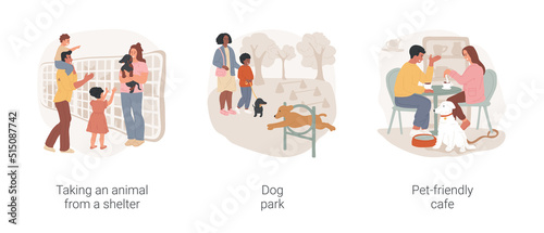 Life with a dog isolated cartoon vector illustration set. Adopt puppy from shelter, urban dog park, agility training equipment, pet-friendly cafe, family sit together at table vector cartoon.