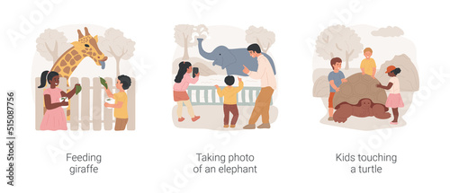 Family zoo visit isolated cartoon vector illustration set. Child feeding giraffe, kid giving food to animal, family taking photo of elephant, kids touching a turtle, petting zoo vector cartoon.