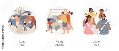 Fototapeta Naklejka Na Ścianę i Meble -  Go camping isolated cartoon vector illustration set. Family going on vacation, loading trunk with bags, funny packing, camping gear does not fit, joyful ride, having fun in car vector cartoon.