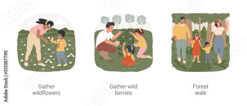 Activities in the nature isolated cartoon vector illustration set. Gather wildflowers, walking in the meadow, making bouquet, collect wild berries, walk forest path, summer camping vector cartoon.