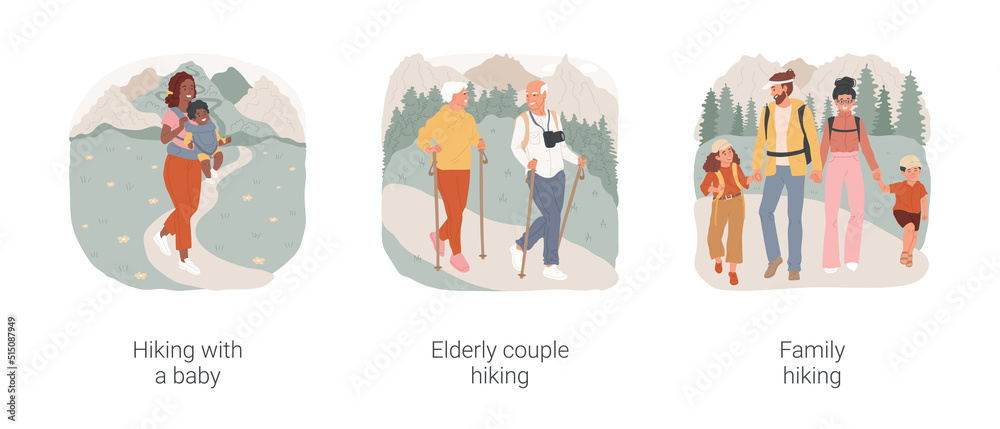 Fototapeta premium Family hiking isolated cartoon vector illustration set. Hiking with a baby, elderly couple trekking with sticks, family, walking in nature, holiday adventure, active lifestyle vector cartoon.