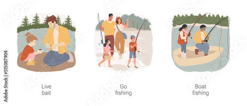 Family fishing isolated cartoon vector illustration set. Man hooks the live bate, fishing with child, family vacation at lake, holding fishing rod, catching fish from boat, holiday vector cartoon.