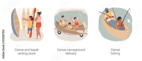 Lake canoeing isolated cartoon vector illustration set. Canoe renting store, kayak rental service, campground delivery, father and son sitting fishing, family summer vacation vector cartoon.