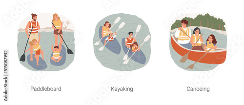 Activities on the lake isolated cartoon vector illustration set. Family paddleboarding, summer vacation activity, kayaking with kids, lake canoeing, entertainment in the nature vector cartoon.