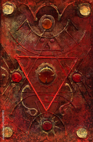Hand drawn cover with wicca and mystic symbols for witch magic spell book. Gothic, occult and esoteric background. Halloween concept