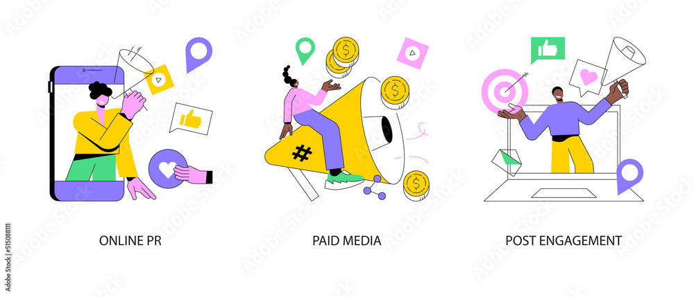 Digital PR service abstract concept vector illustration set. Online PR, paid media, post engagement, copywriting, corporate communication, follower interaction, public relations abstract metaphor.