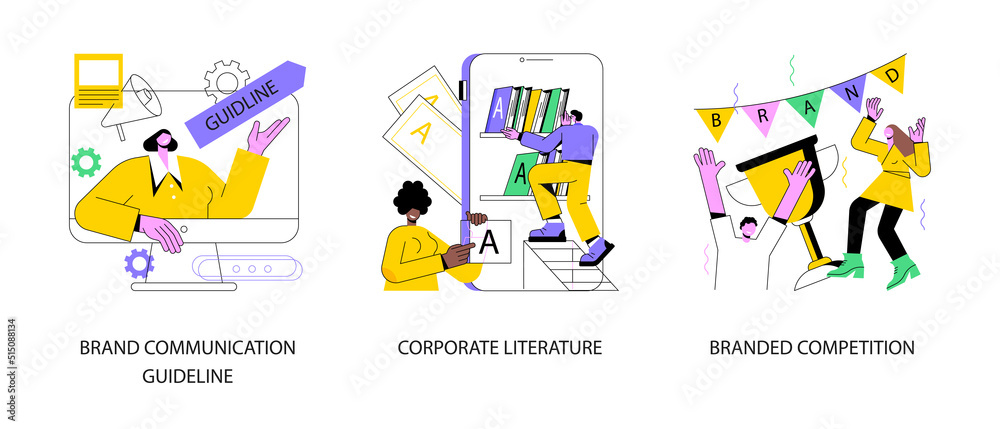 Visual identity abstract concept vector illustration set. Brand communication guideline, corporate literature, branded competition, media campaign, digital advertising, newsletter abstract metaphor.
