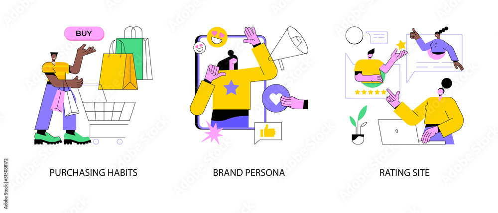 Marketing research abstract concept vector illustration set. Purchasing habits, brand persona, rating site, online shopping, focus group, user feedback, product review, e-commerce abstract metaphor.