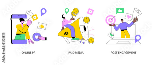 Digital PR service abstract concept vector illustration set. Online PR, paid media, post engagement, copywriting, corporate communication, follower interaction, public relations abstract metaphor.