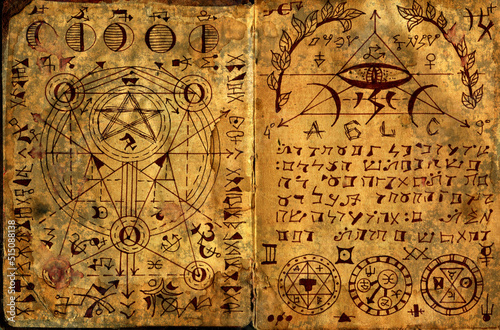 Fényképezés Hand drawn Halloween illustration of old page with wicca and mystic symbols from witch magic spell book