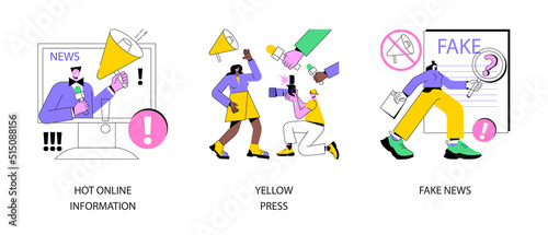 Headline content abstract concept vector illustration set. Hot online information, yellow press, fake news, breaking, paparazzi media, online magazine, celebrity scandal, rumors abstract metaphor.