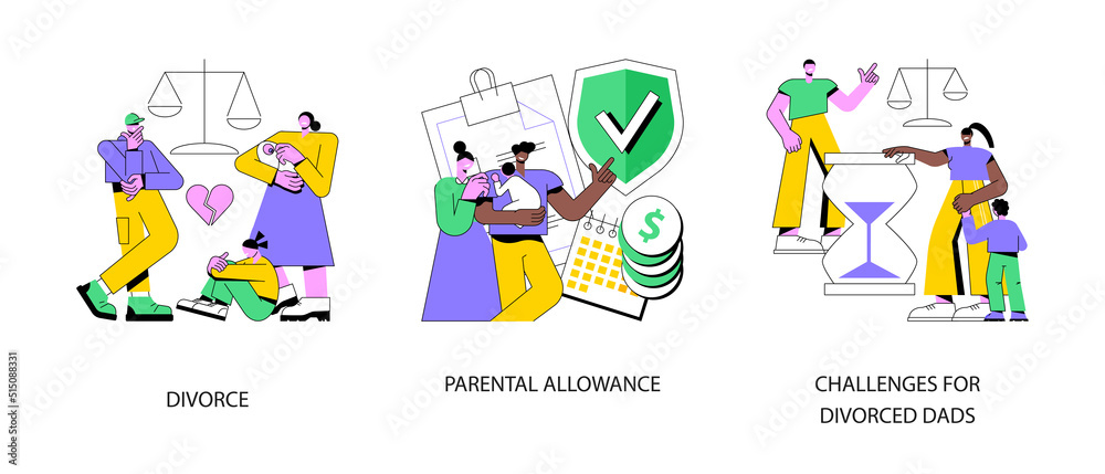 Family breakdown abstract concept vector illustration set. Divorce and separation, parental allowance, challenges for divorced dads, husband and wife conflict, single mom, alimony abstract metaphor. Family breakdown abstract concept vector illustration set. Divorce and separation, parental allowance, challenges for divorced dads, husband and wife conflict, single mom, alimony abstract metaphor.