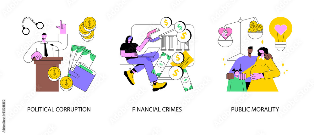Public life abstract concept vector illustration set. Political corruption, financial crimes, public morality, ethical standards, bribery and tax offense, money laundering abstract metaphor.