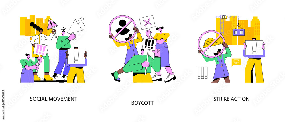 Group action abstract concept vector illustration set. Social movement, boycott and cancel culture, strike action, public protest, anti globalism and consumer activism, solidarity abstract metaphor.