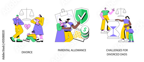 Family breakdown abstract concept vector illustration set. Divorce and separation, parental allowance, challenges for divorced dads, husband and wife conflict, single mom, alimony abstract metaphor.