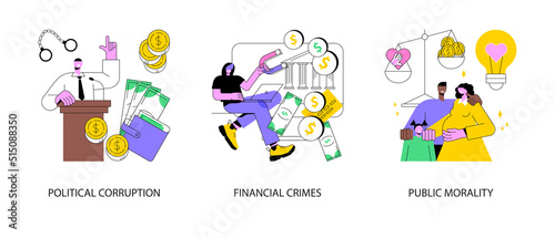 Public life abstract concept vector illustration set. Political corruption, financial crimes, public morality, ethical standards, bribery and tax offense, money laundering abstract metaphor. © Vector Juice