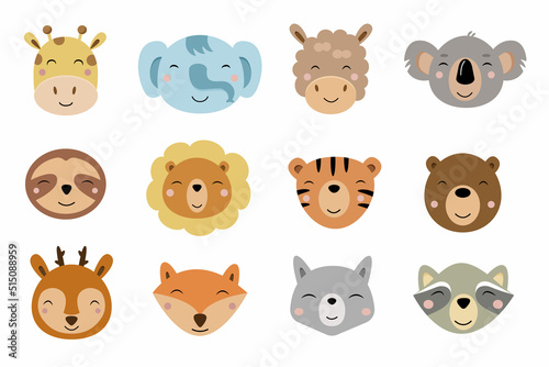 Fototapeta Naklejka Na Ścianę i Meble -  Cartoon cute animals for children's card and invitation. Vector illustration. Giraffe, elephant, alpaca, koala, sloth, lion, tiger, bear, deer, fox, wolf, raccoon.